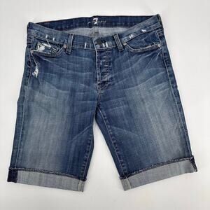 7 For All Mankind Bermuda Jean Shorts WMNS 27 Blue Medium Wash Cuffed Distressed
